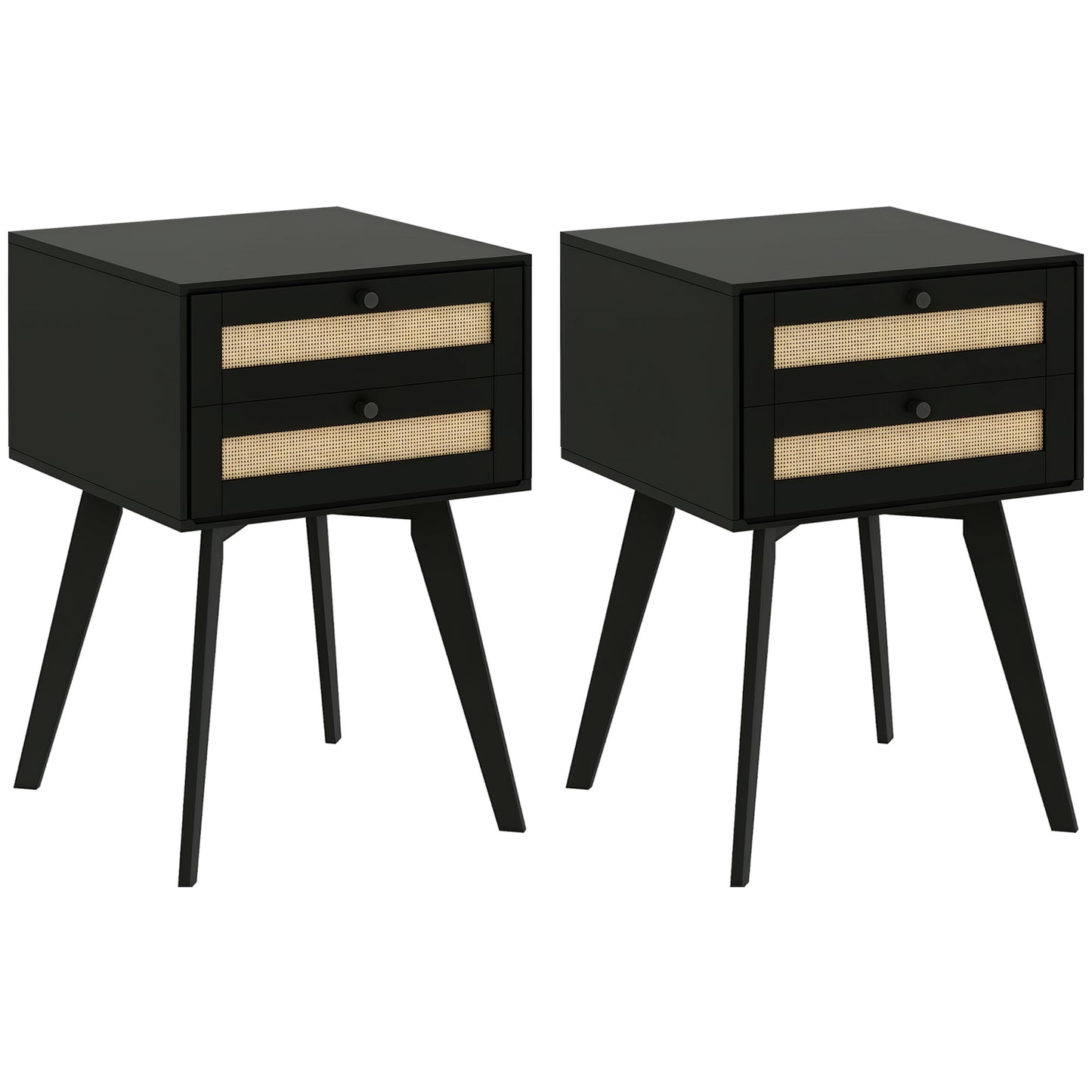 HOMCOM Boho Nightstands Set of 2 with Rattan Drawers, Square Bedside Tables