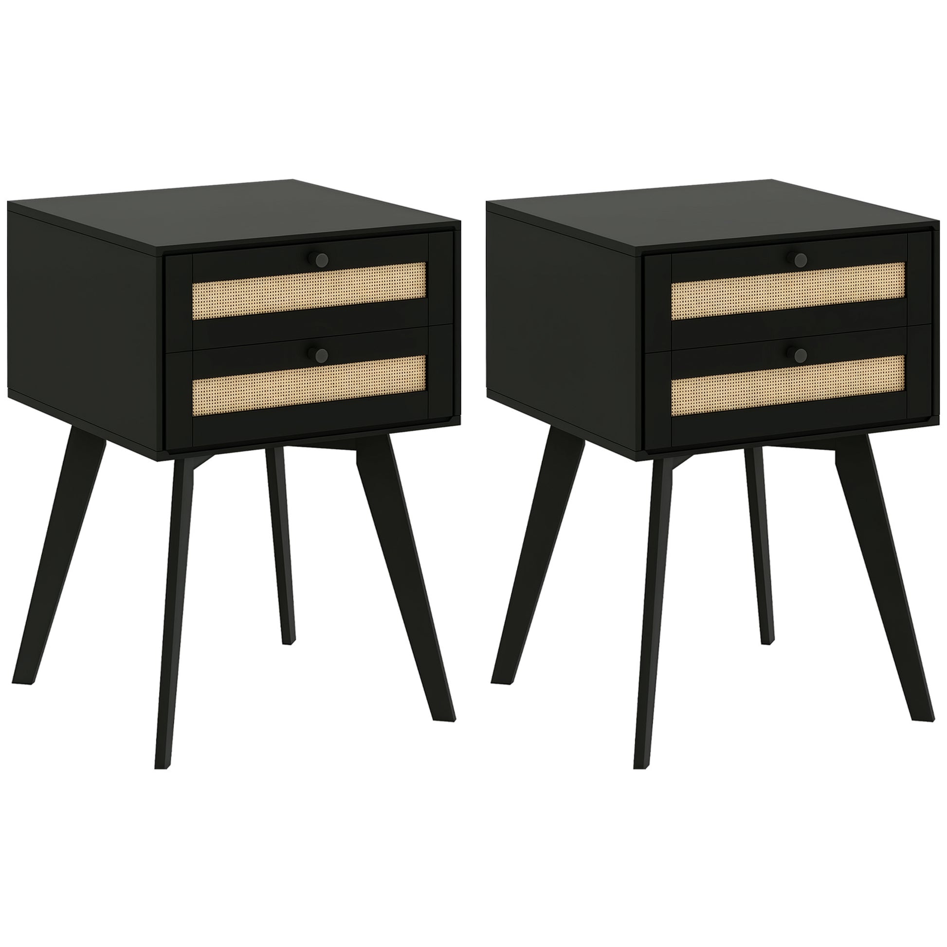HOMCOM Boho Nightstands Set of 2 with Rattan Drawers, Square Bedside Tables