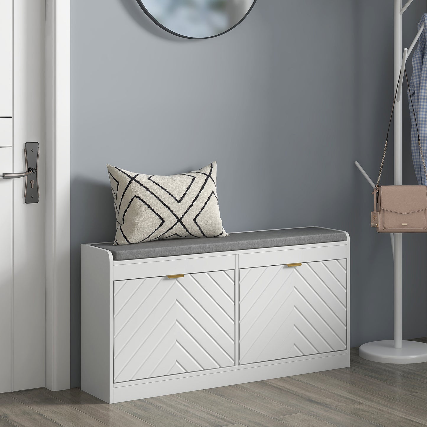 Shoe Storage with Seat, Upholstered Hallway Bench, Shoe Bench with 2 Flip Drawers and 4 Vents for 8 Pairs of Shoes