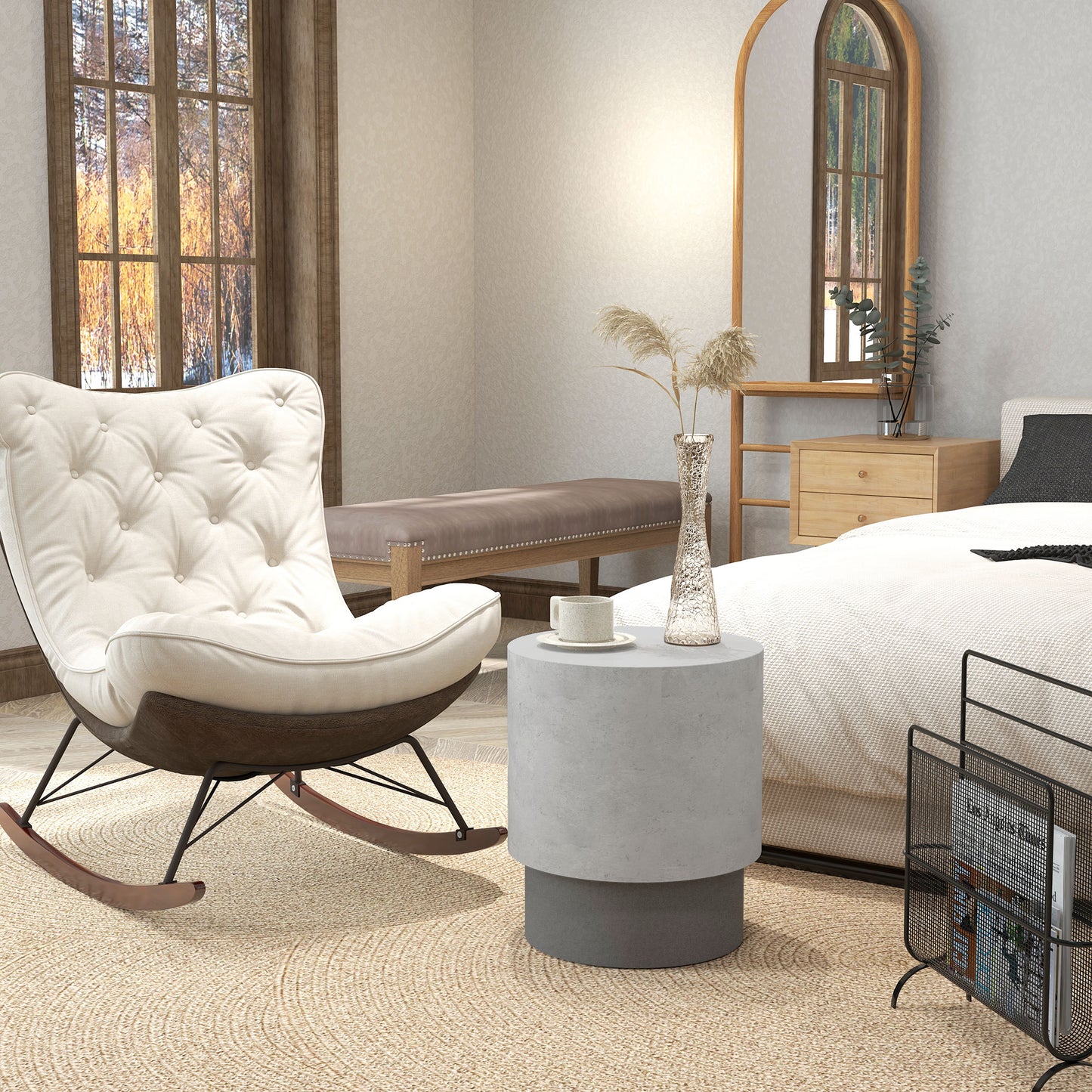 HOMCOM Round Concrete Finish Accent Side Table with Adjustable Feet - Indoor/Outdoor