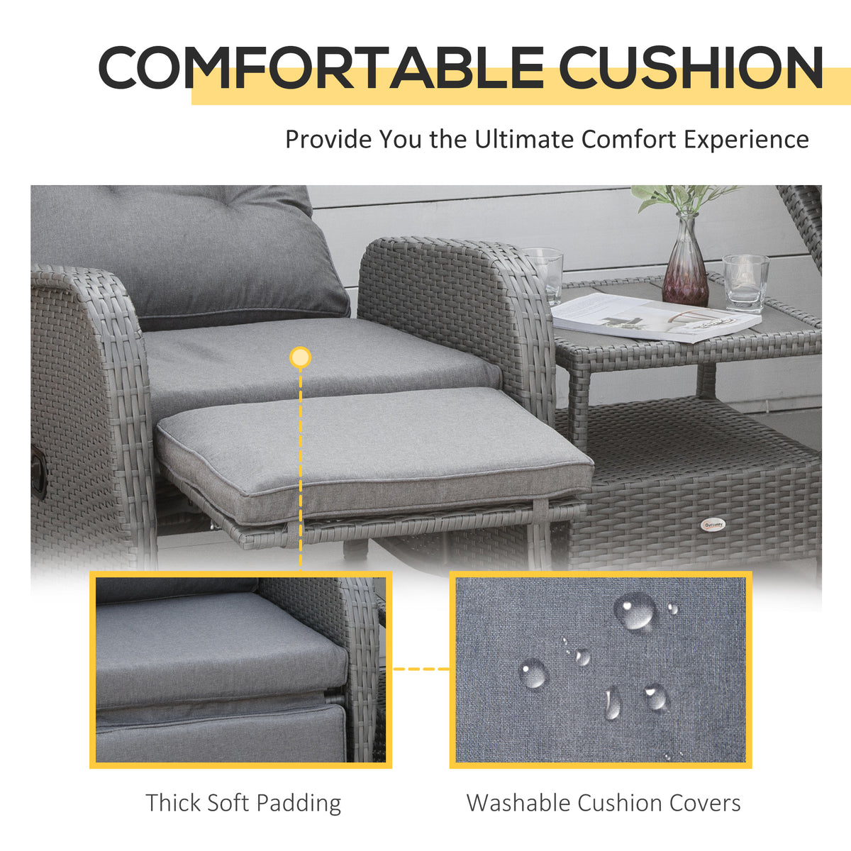 3 Pieces Patio Wicker Bistro Set, PE Rattan Coffee Table & Adjustable Recline Chairs Furniture Set with Cushions and Wood Grain Plastic Top – Grey