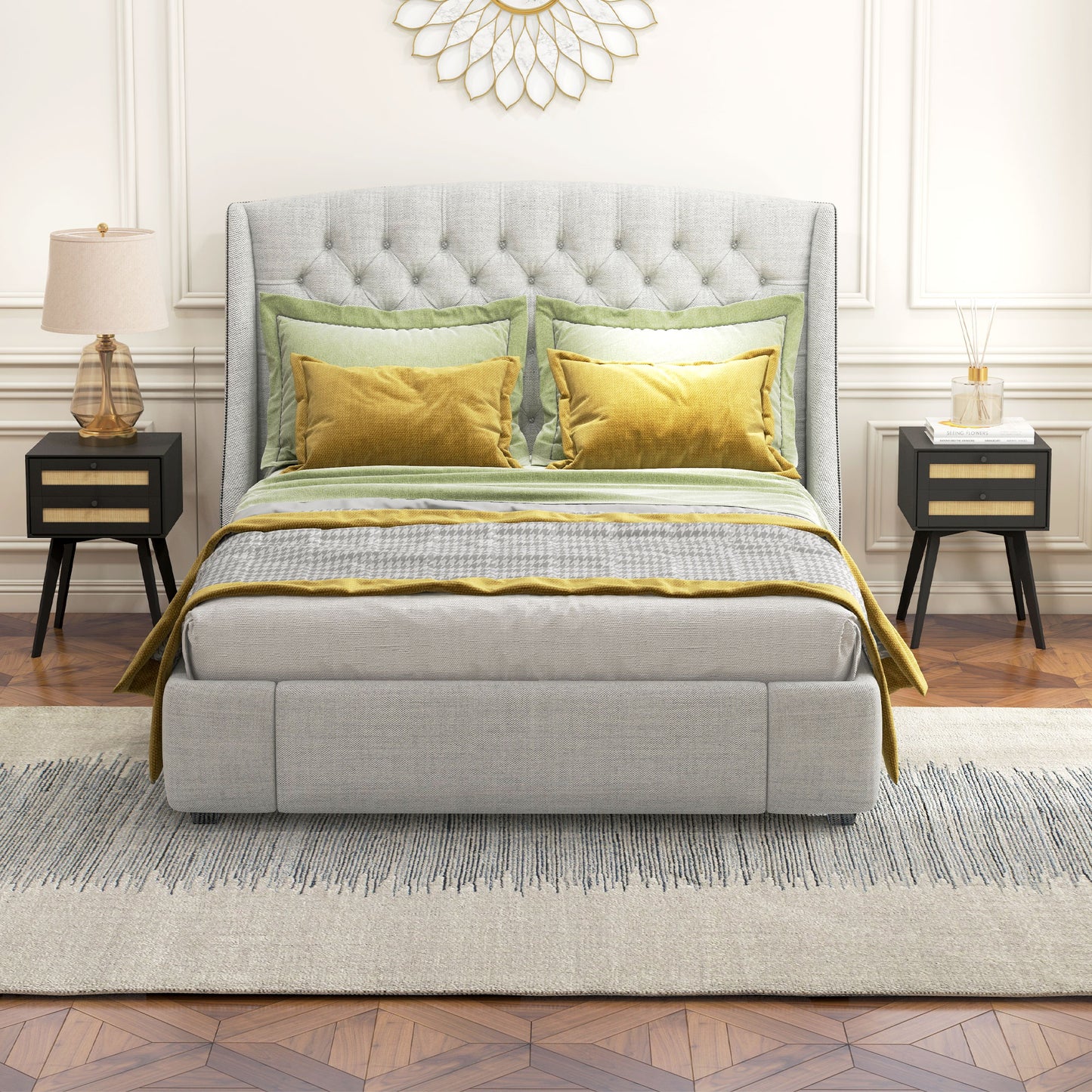 HOMCOM Boho Nightstands Set of 2 with Rattan Drawers, Square Bedside Tables