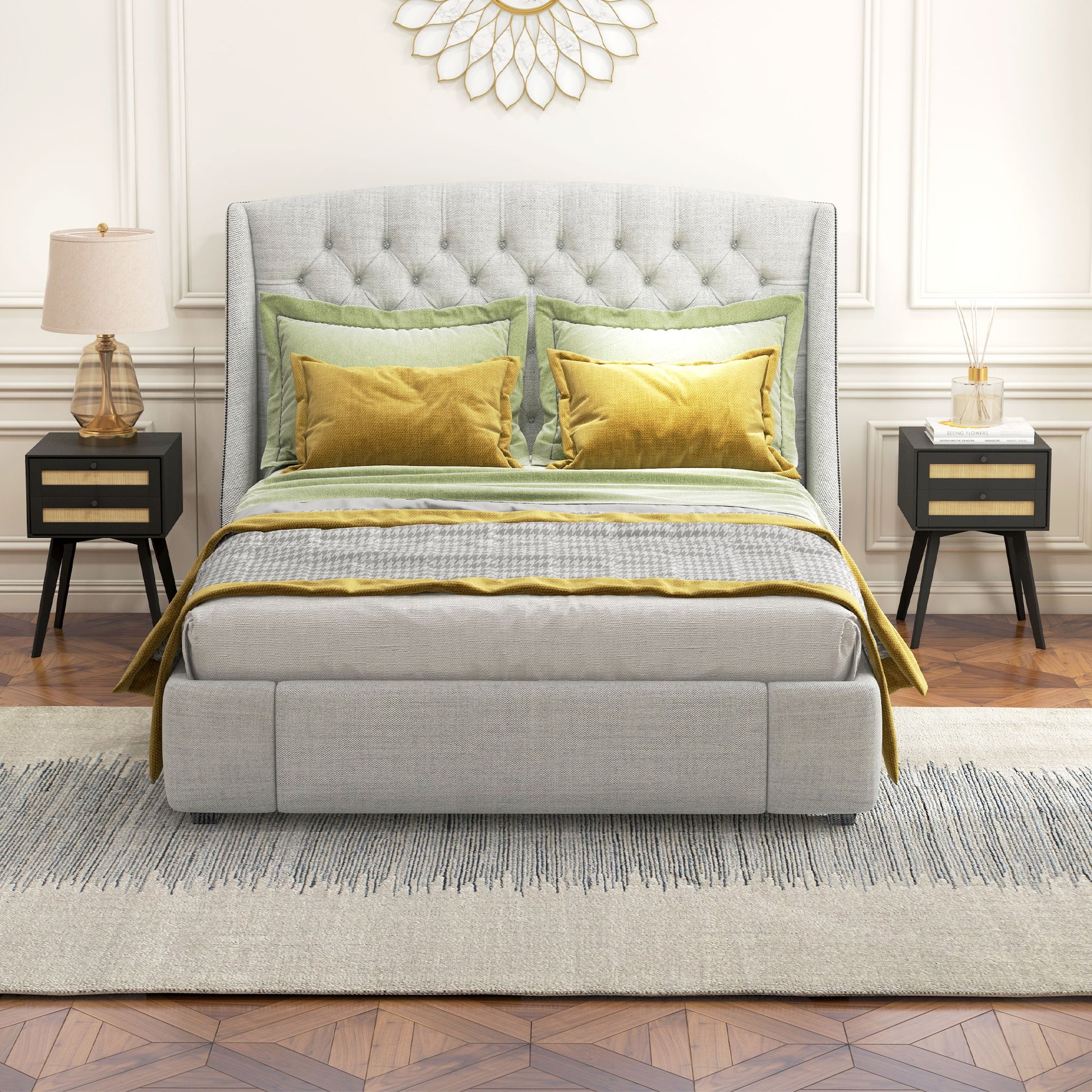 HOMCOM Boho Nightstands Set of 2 with Rattan Drawers, Square Bedside Tables