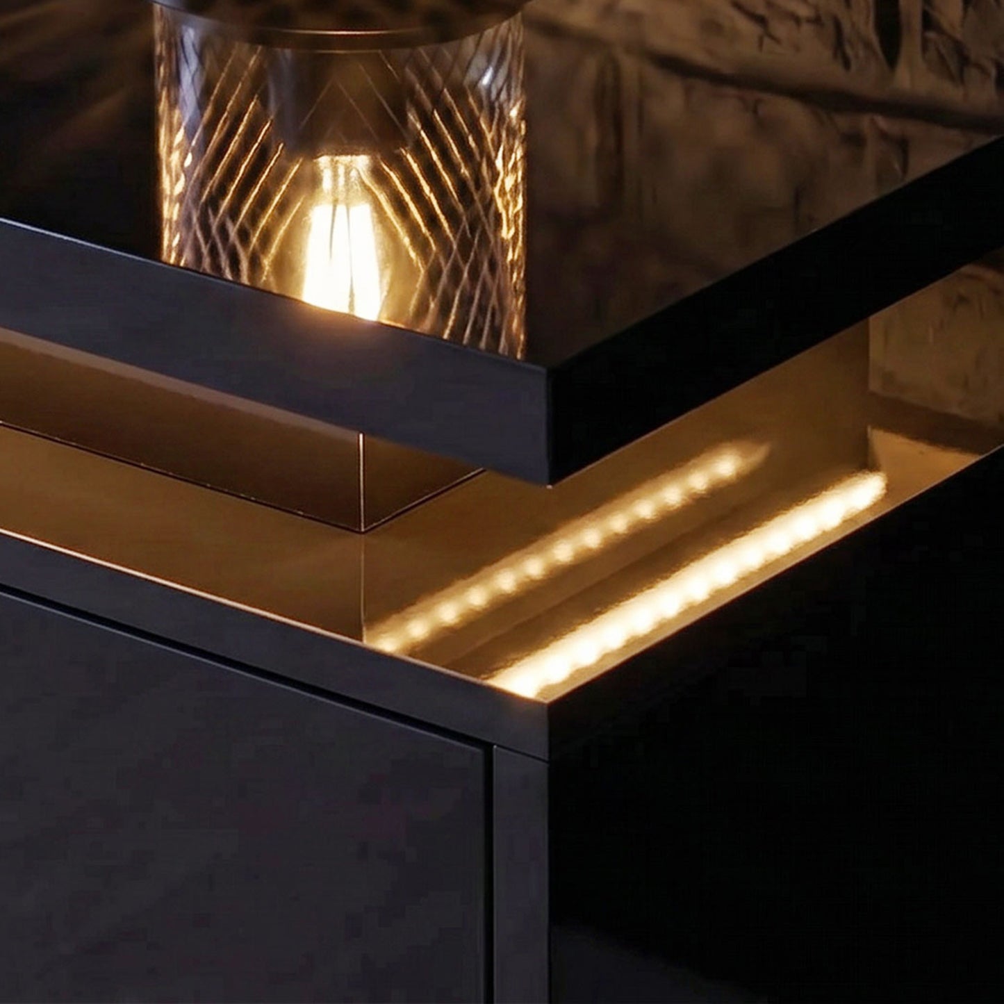 HOMCOM TV Stand LED Lights, Power Outlets, High Gloss Black