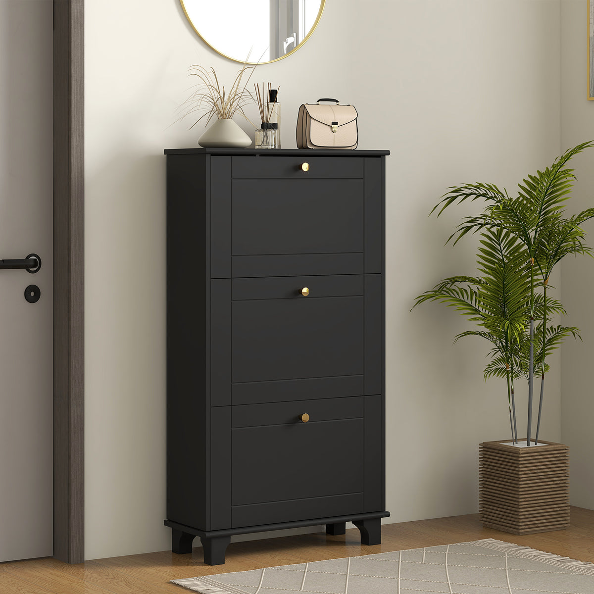 Narrow Shoe Storage with 3 Flip Drawers and Adjustable Shelves – 24"W x 49"H