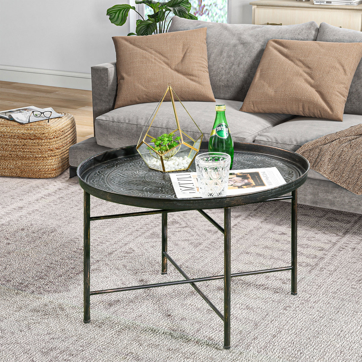 24" Round Vintage Coffee Table with Hammered Flower Tray Top, Pewter