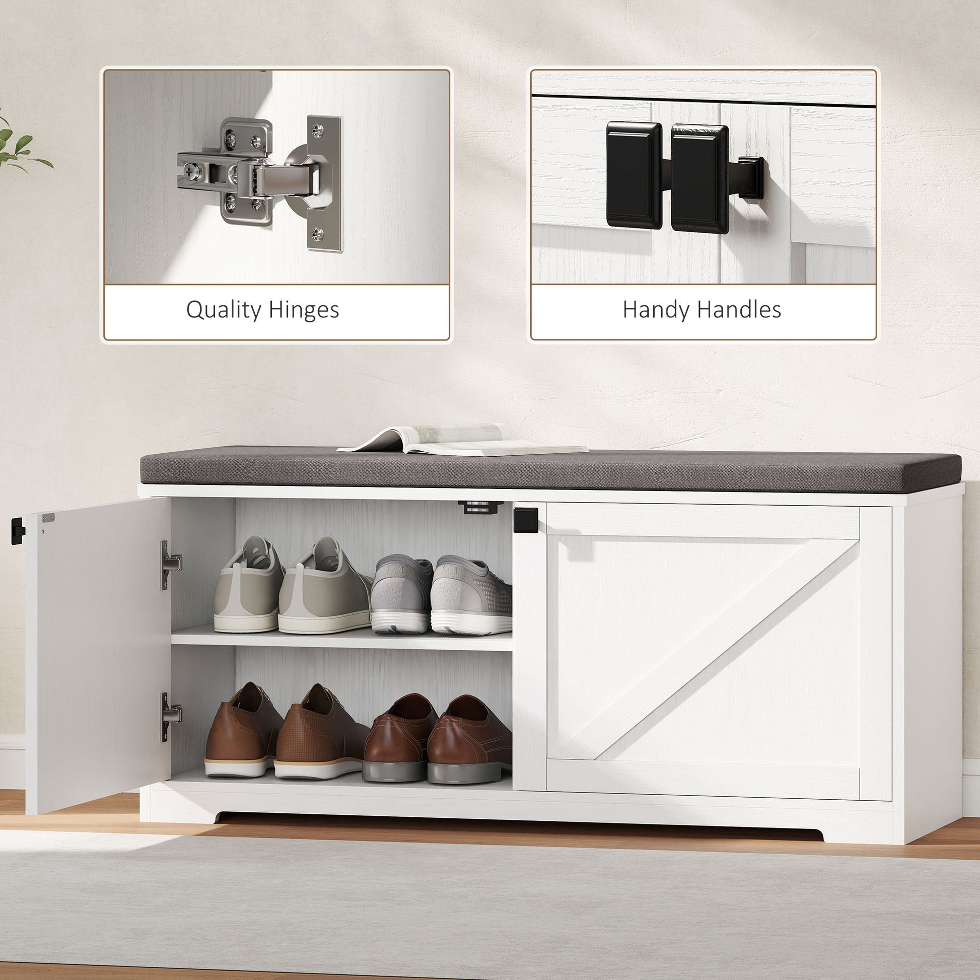 HOMCOM Entryway Shoe Storage Bench, Padded Seat, 8 Pair Organizer, White Wood Grain