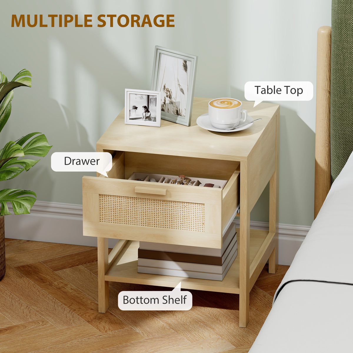 Narrow Rattan Nightstands with Drawer and Shelf, Set of 2 – 16"W x 19"H