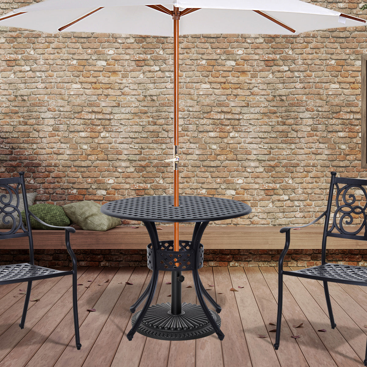 33-Inch Roud Patio Dining Table with Umbrella Hole, Cast Aluminum Garden Table, All Weather Patio Bisto Table, for Lawn, Garden, Outside