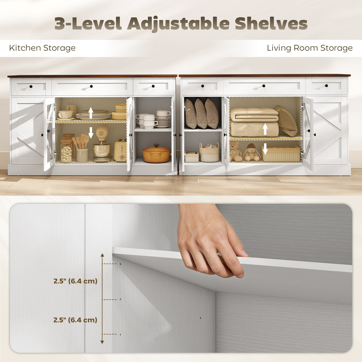 Farmhouse Kitchen Storage Cabinet with Acrylic Barn Doors and 3 Drawers – 54"W x 31"H