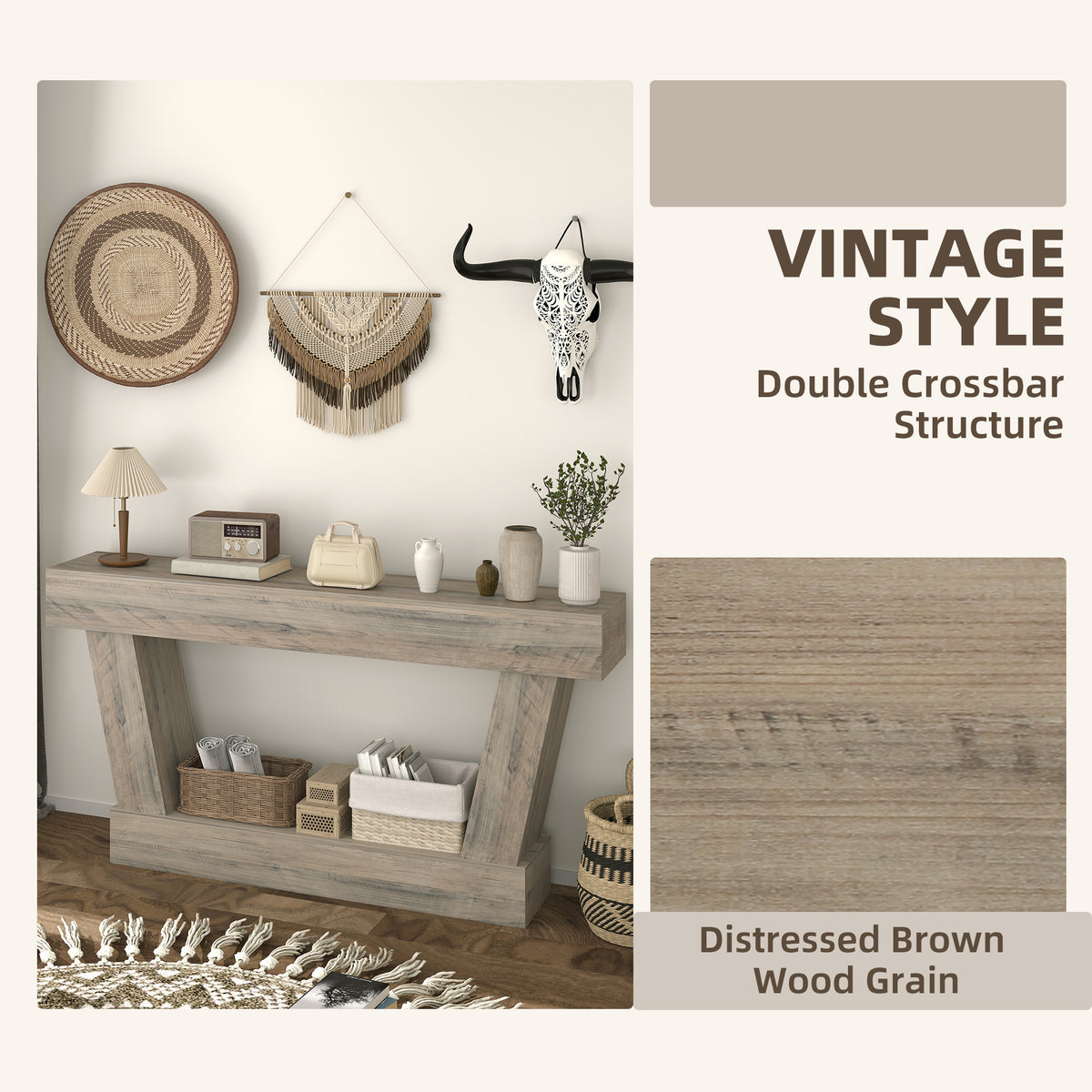 63" Vintage Console Table with Open Shelf, Light Brown