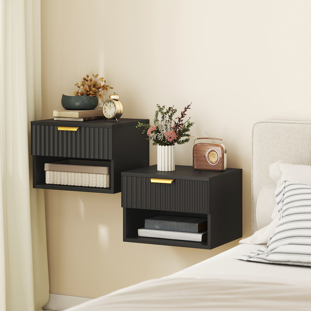Floating Nightstands with Drawer and Open Shelf, Set of 2 – 16"W x 11"H