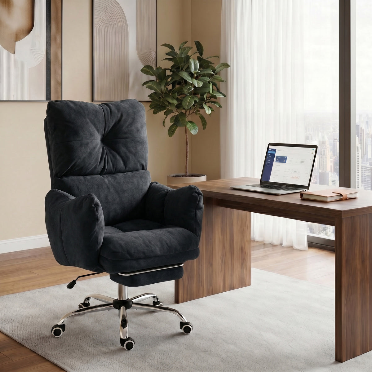 Office Chair with Footrest, Ergonomic Reclining Computer Gaming Chair with Snow Flannel Fabric, Black