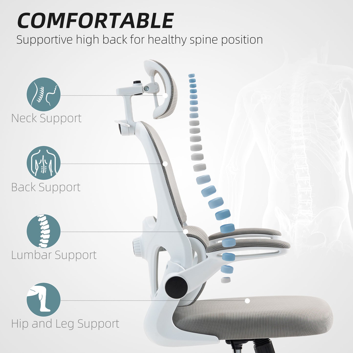 HOMCOM Ergonomic Mesh Office Chair: Flip-up Armrests, Rotatable Headrest, Lumbar Support