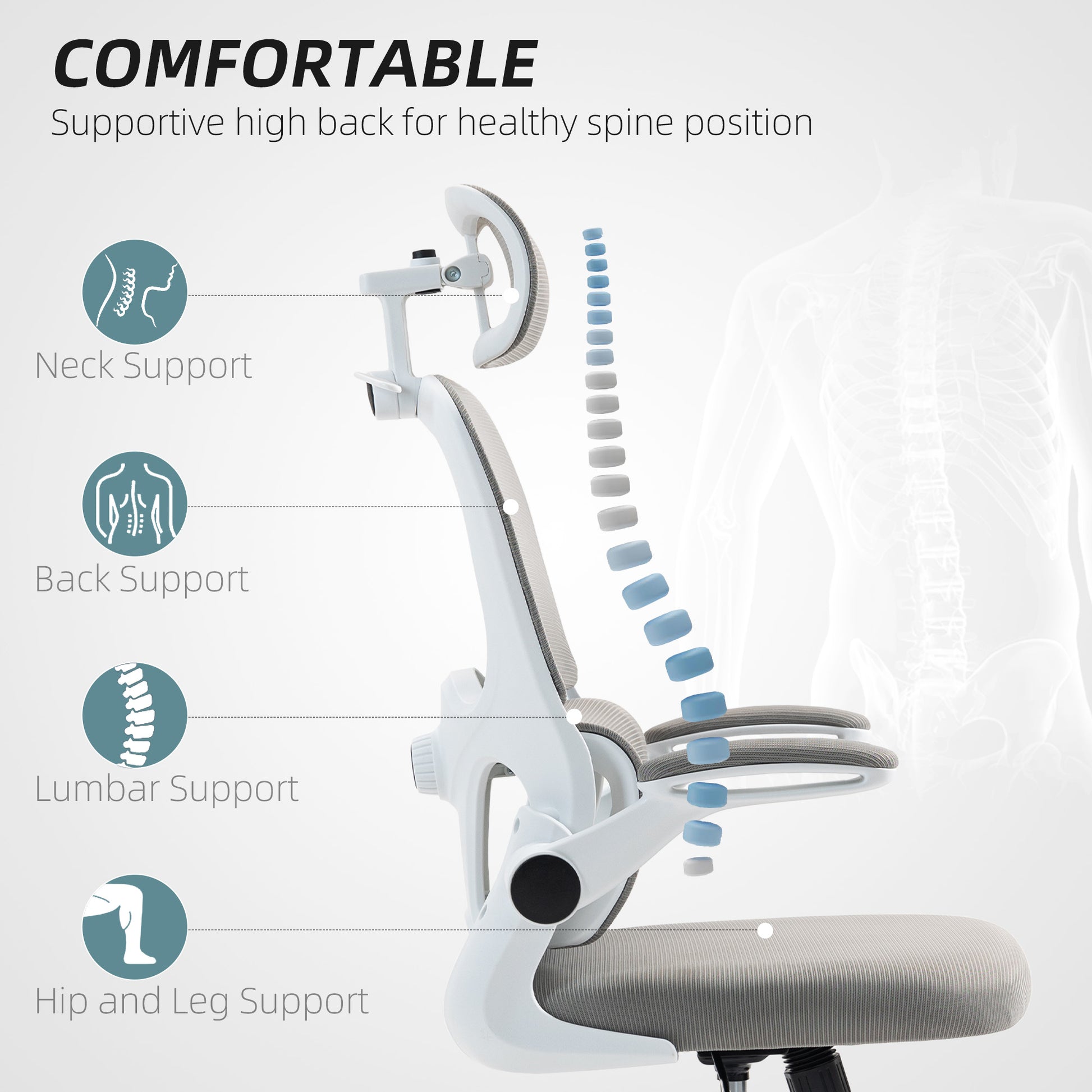 HOMCOM Ergonomic Mesh Office Chair: Flip-up Armrests, Rotatable Headrest, Lumbar Support