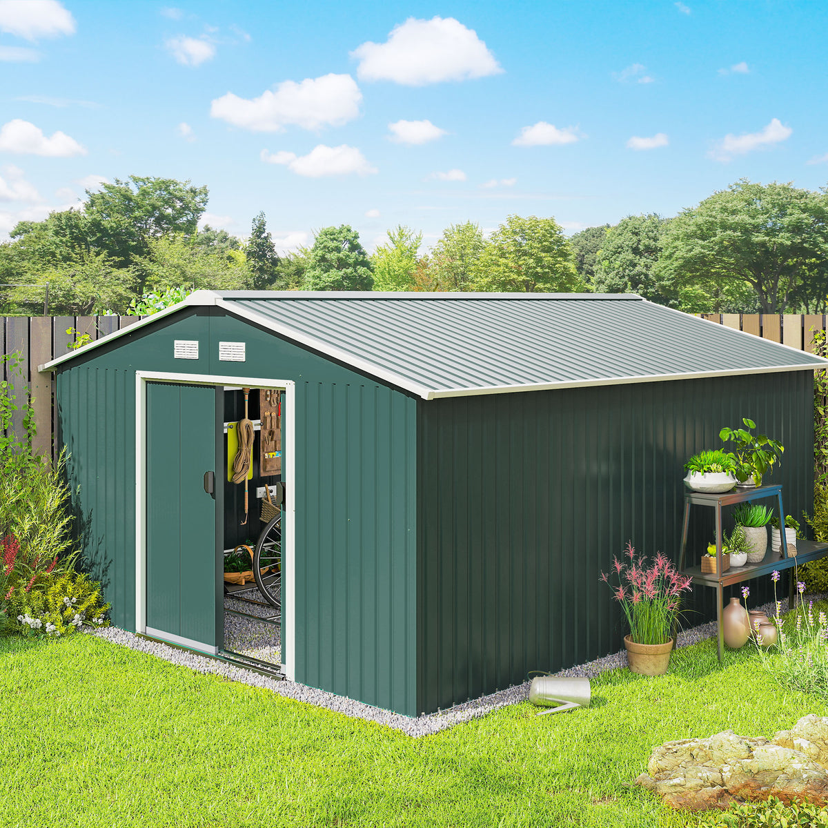 11' x 13'Garden Storage Shed w/ Foundation Kit Metal Tool Storage House w/ Double Doors – Green