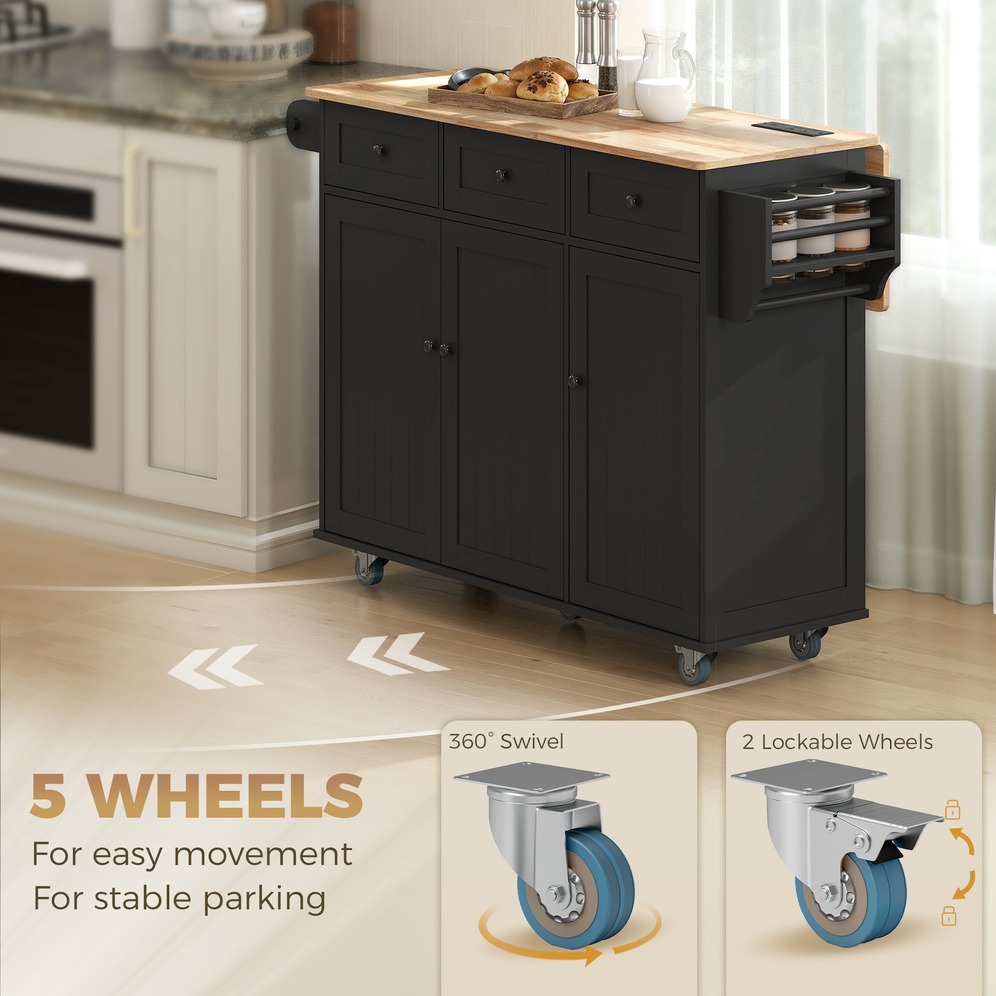 HOMCOM Kitchen Island with Drop Leaf, Charging Station, Black