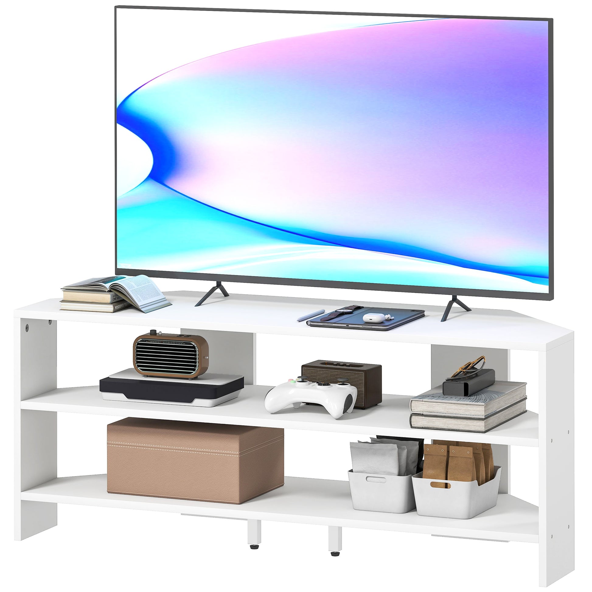 HOMCOM Modern White Corner TV Stand, Two Open Shelves, 47-inch TV