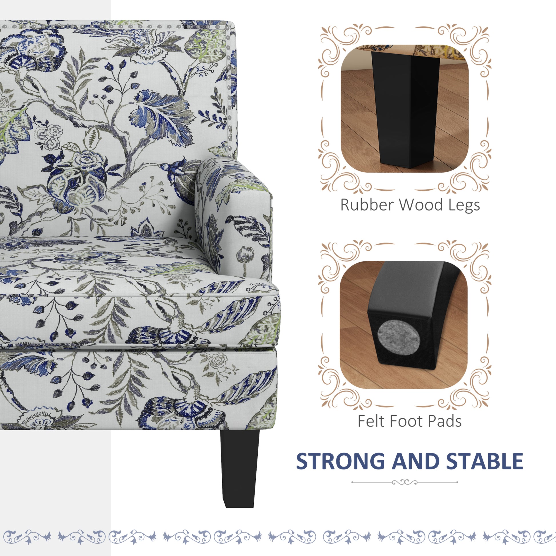 HOMCOM Mid-Century Upholstered Accent Armchair, Floral Pattern, Nailhead Trim, Multicolour