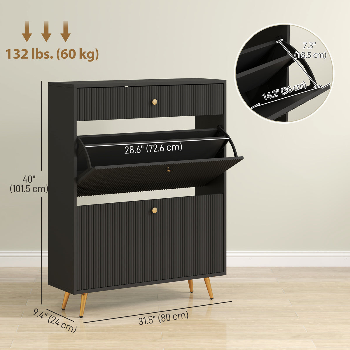 Narrow Shoe Storage Cabinet with Wave-like Panels – 32"W x 40"H