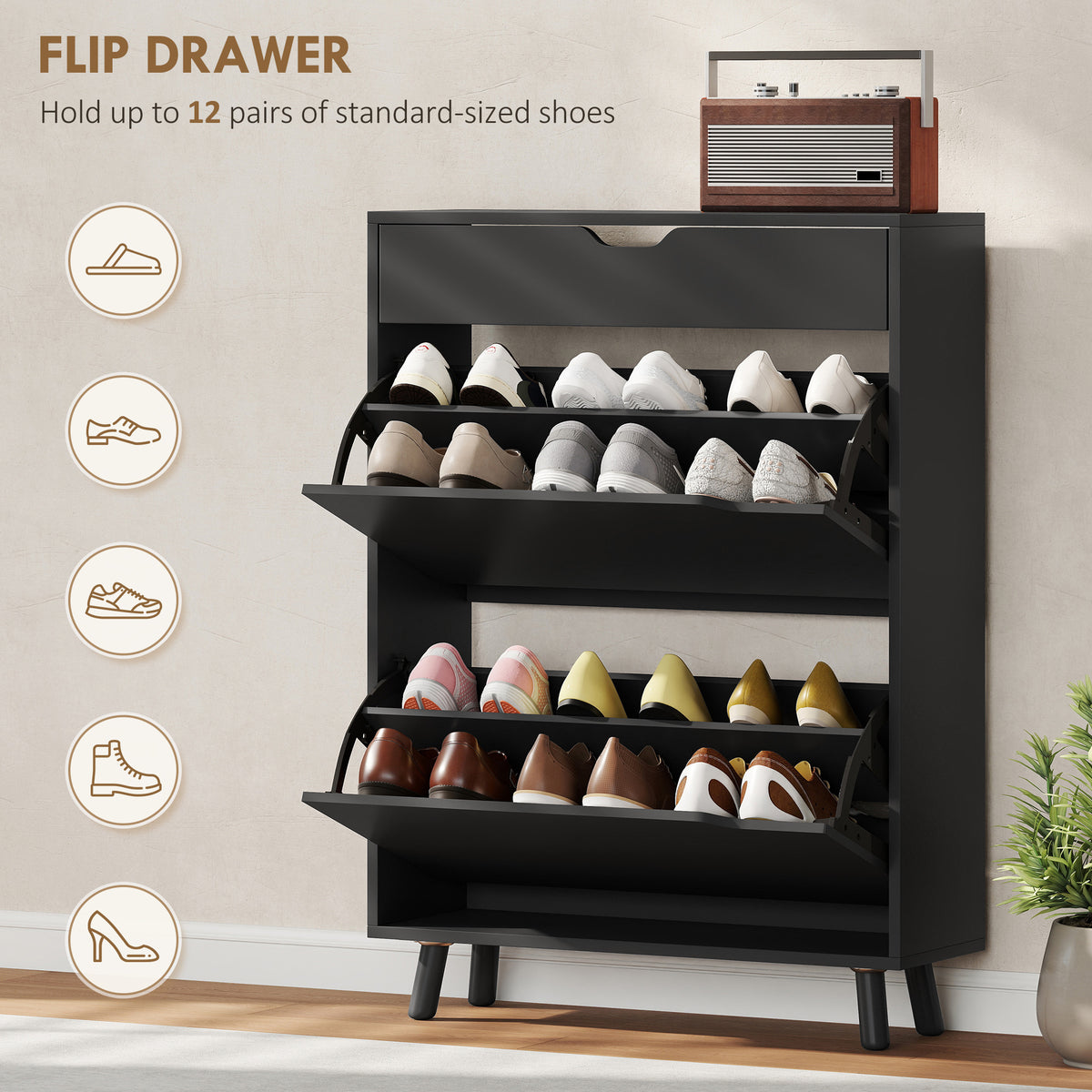 Narrow Shoe Cabinet for Entryway with 2 Flip Drawers – 28"W x 39"H