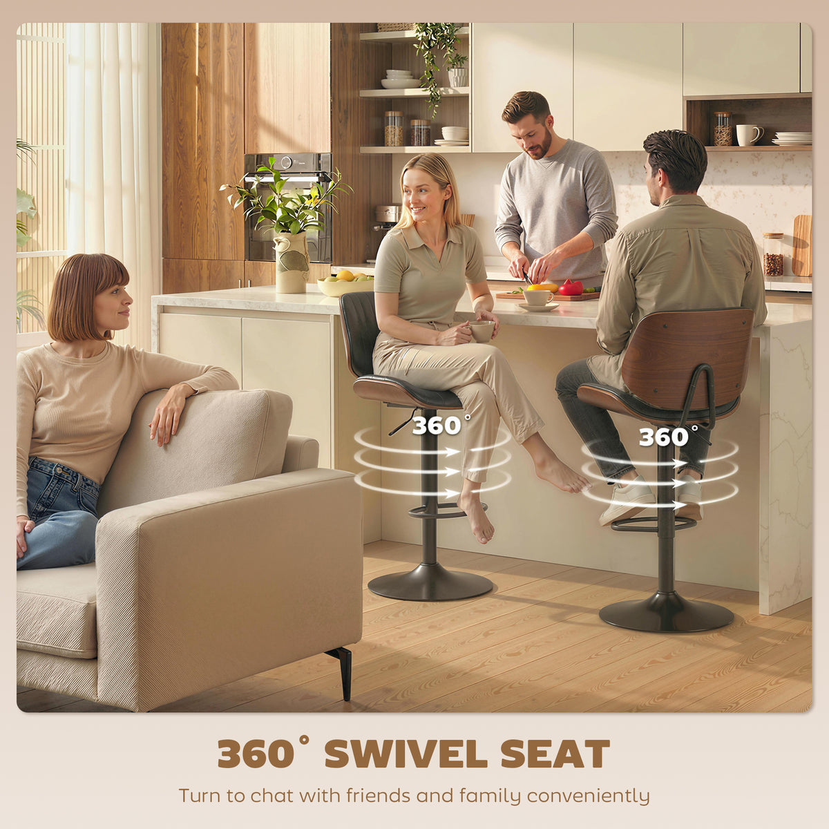 Bentwood-Back PU Leather Swivel Bar Stools, Adjustable, Set of 2, Black