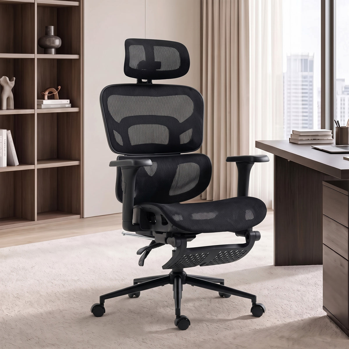 Ergonomic Office Chair with Lumbar Support, 2D Headrest, Mesh Reclining Desk Chair with Footrest, Black