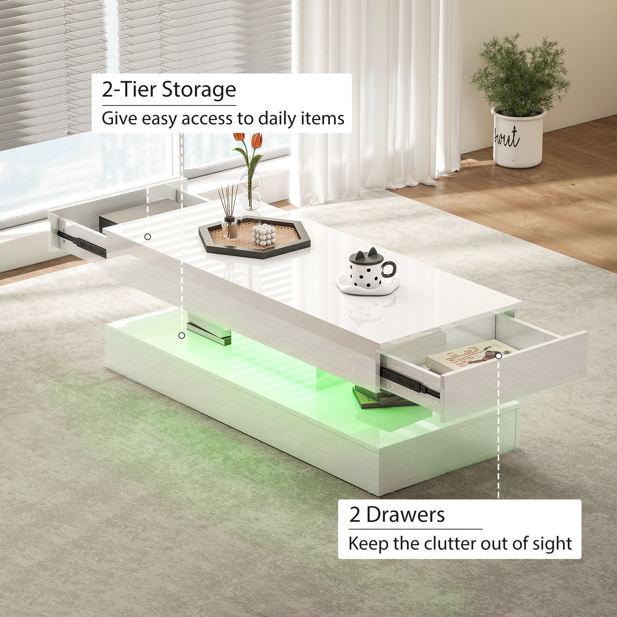 Coffee Table with Adjustable RGB LED Lights, 2 Drawers, Open Shelf and Remote