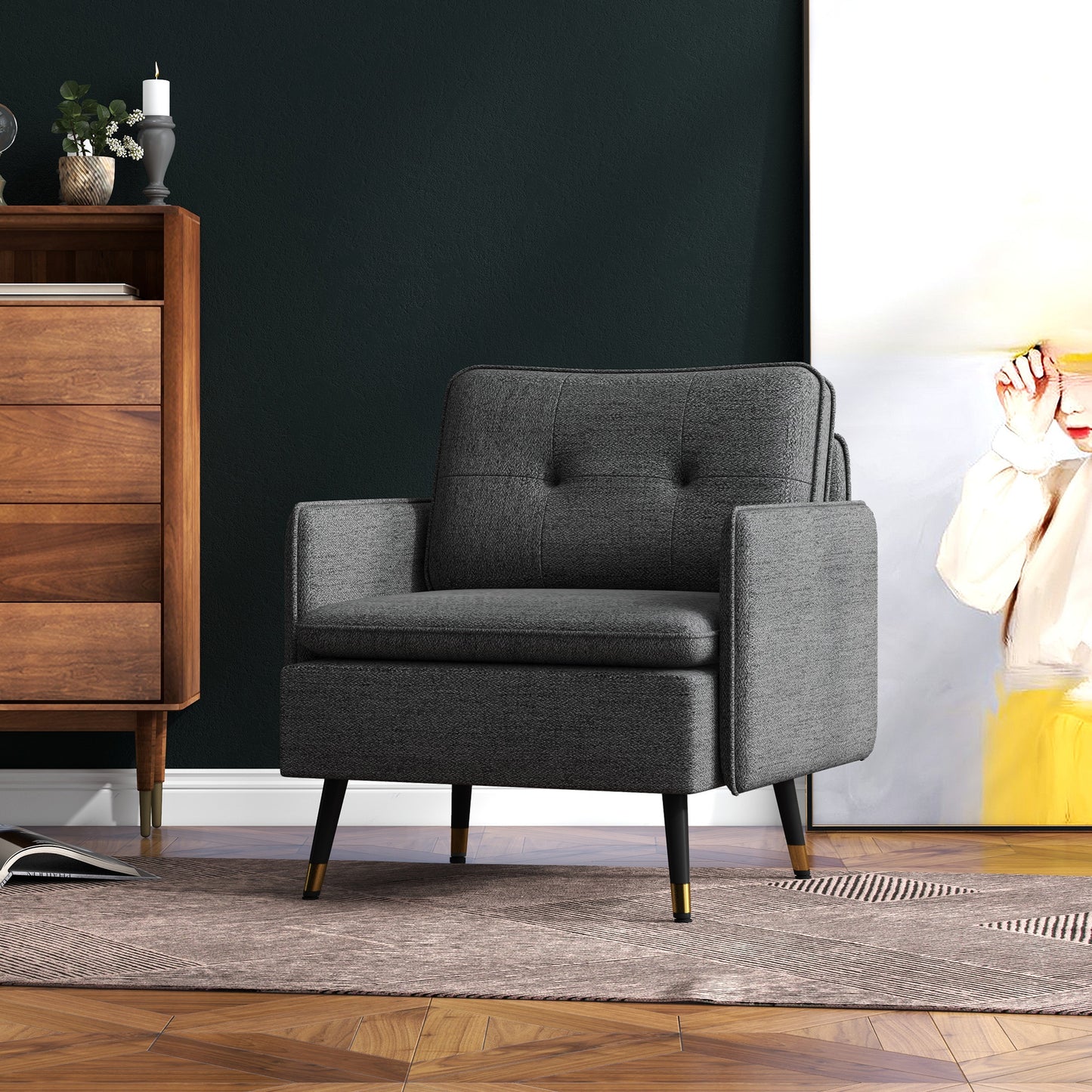 HOMCOM Modern Upholstered Accent Armchair with Tufted Back & Steel Legs