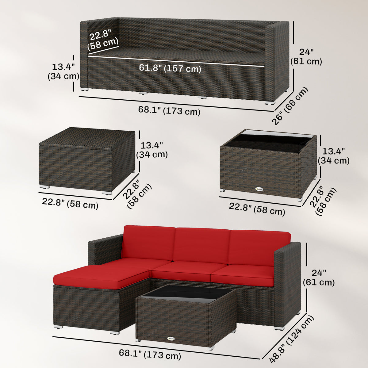 3 Pieces Patio Furniture Set with Cushions, Outdoor PE Rattan Wicker Conversation Corner Sofa Set with Glass Top Table – Brown, Red