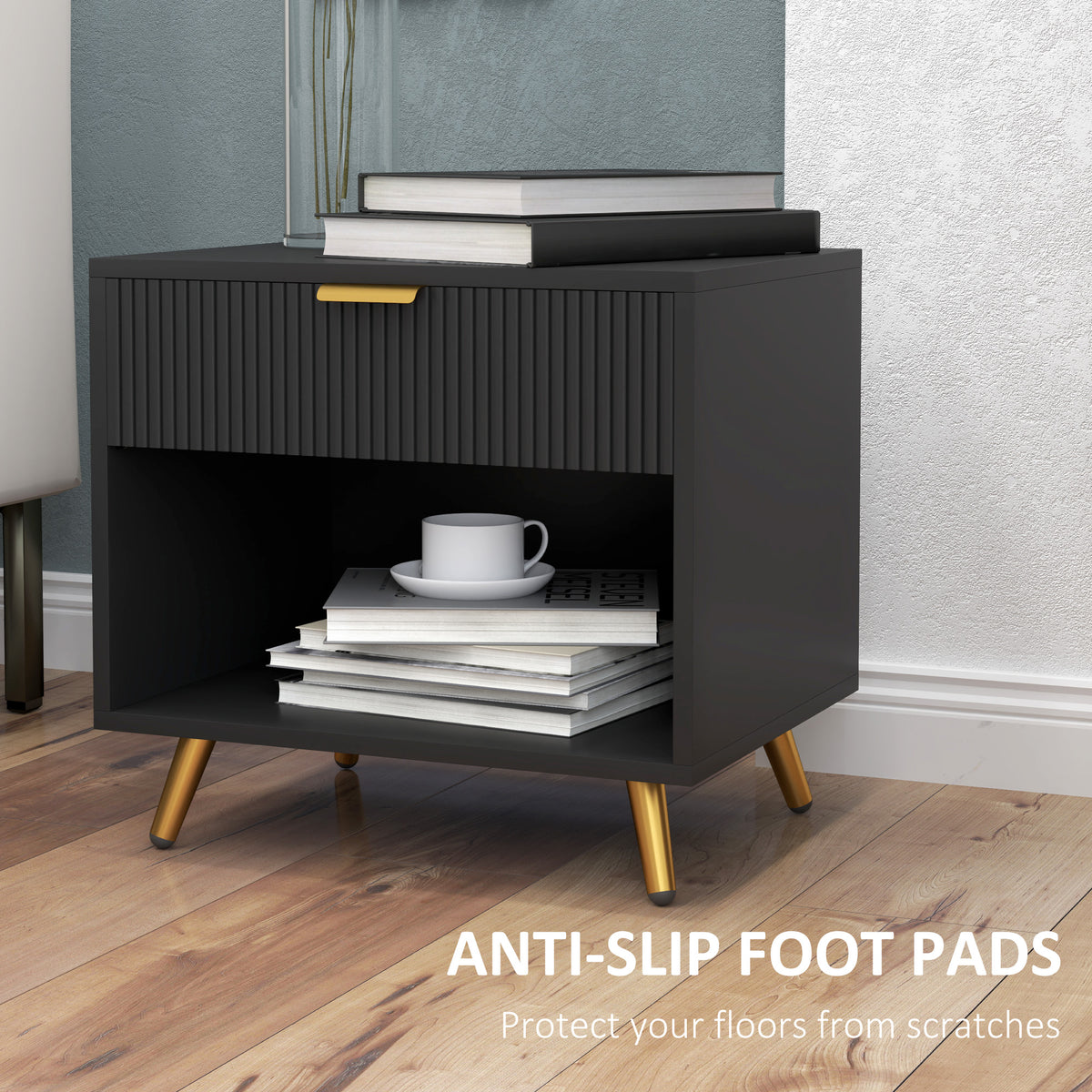 Fluted Panel Nightstand with Drawer and Open Shelf – 20"W x 19"H