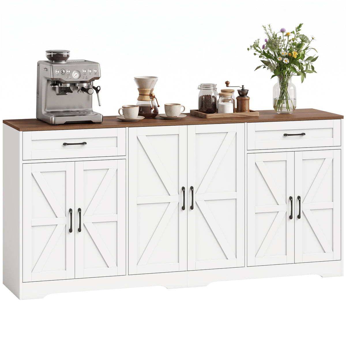 Farmhouse Coffee Bar Cabinet with 2 Drawers and 6 Barn Doors – 71"W x 34"H