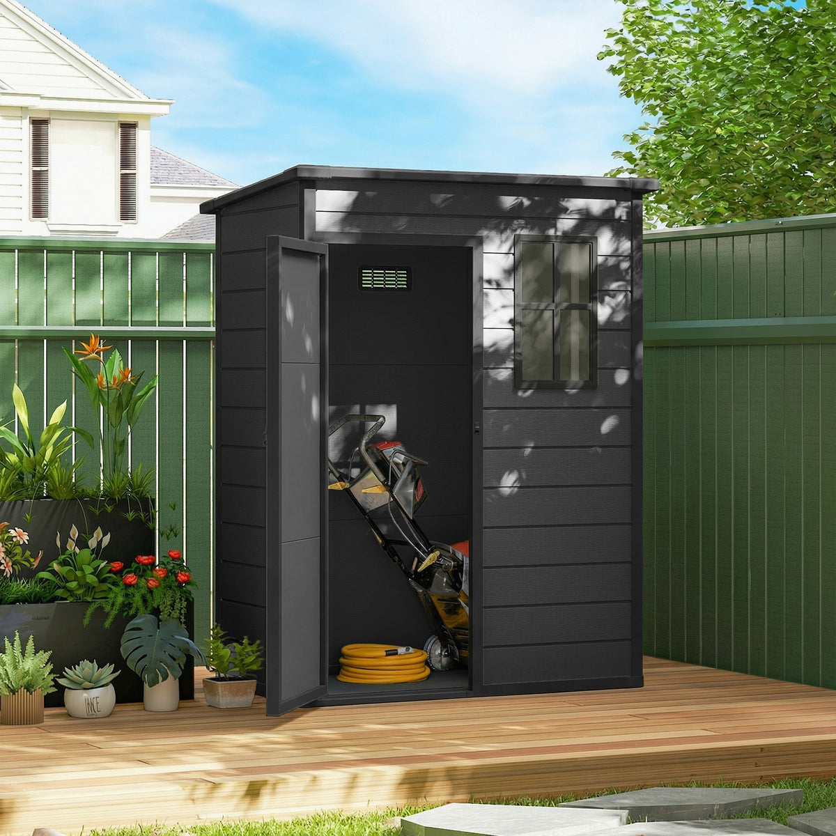5 x 3FT Garden Shed with Floor, Outdoor Storage Shed with Lockable Door, Window and Vent for Backyard, Patio – Dark Grey