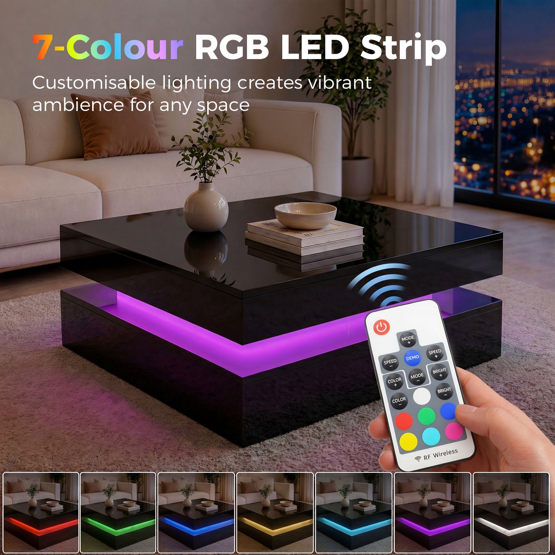 HOMCOM LED Coffee Table with Storage 2-Tier High Gloss Black