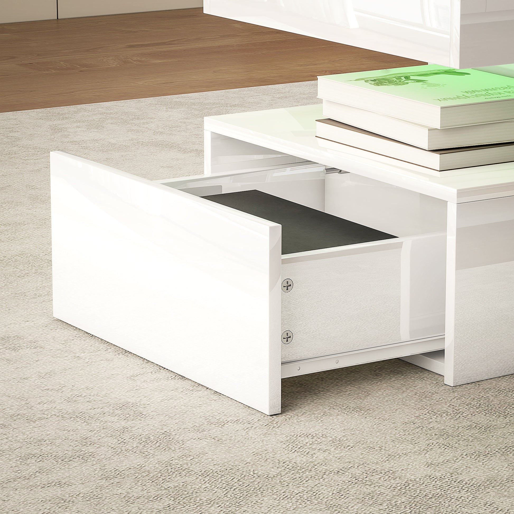 HOMCOM Modern High Gloss White LED Coffee Table with Two Drawers Storage