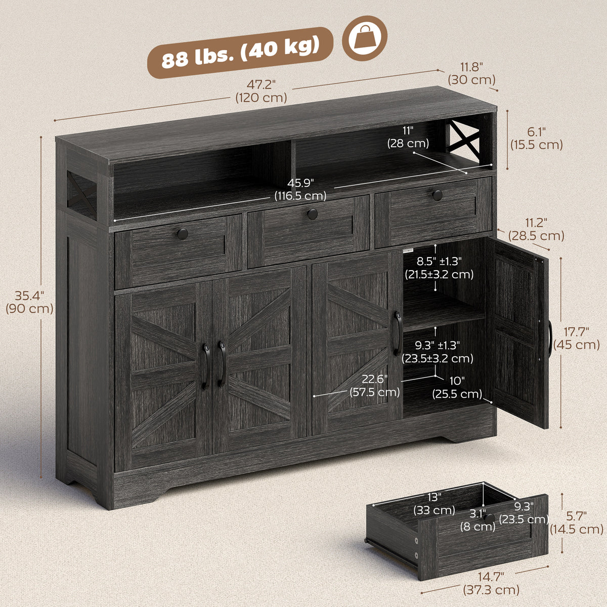 Buffet Cabinet with 4 Barn Doors and 3 Drawers – 47"W x 35"H