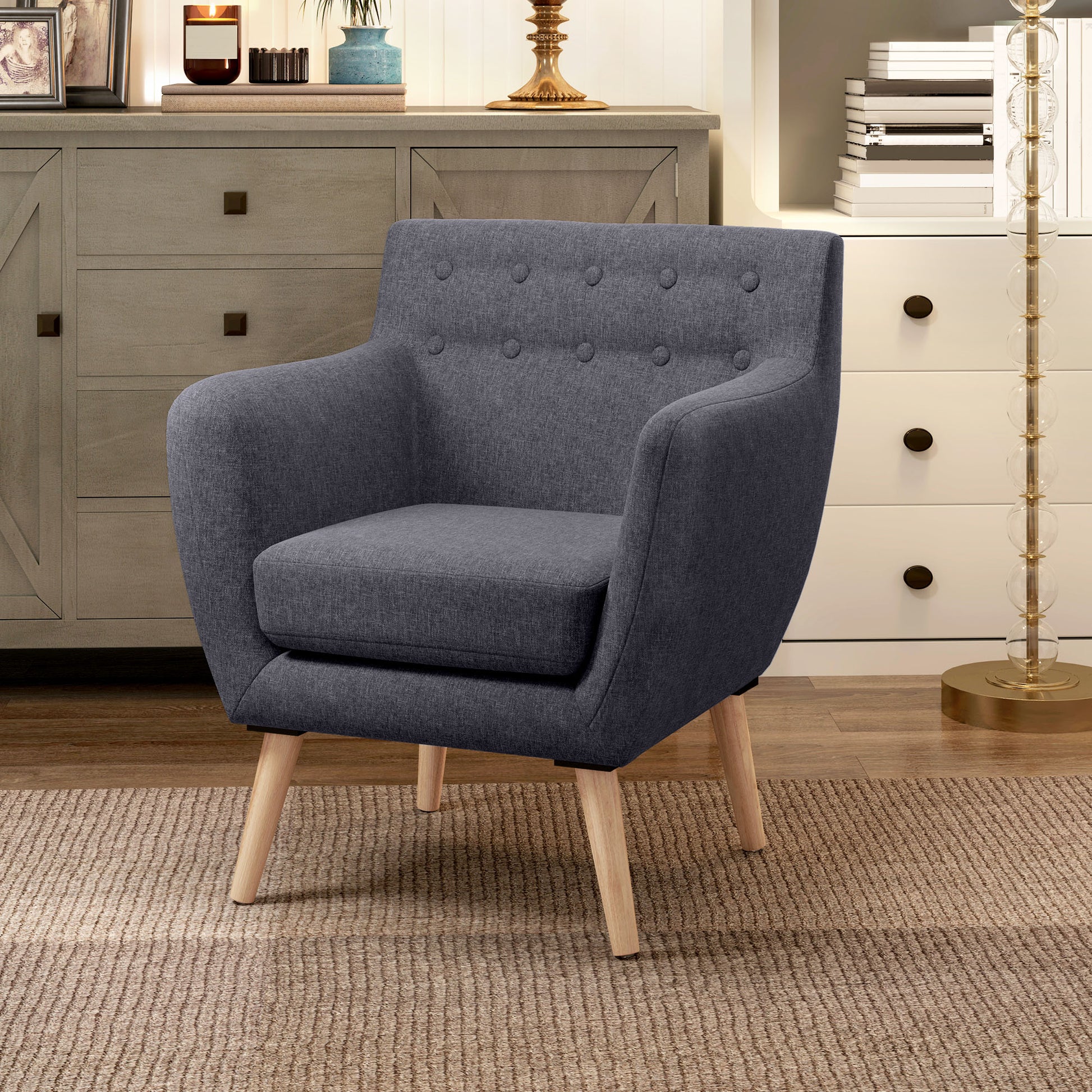 HOMCOM Mid-Century Modern Dark Grey Tufted Linen Accent Arm Chair with Wood Legs