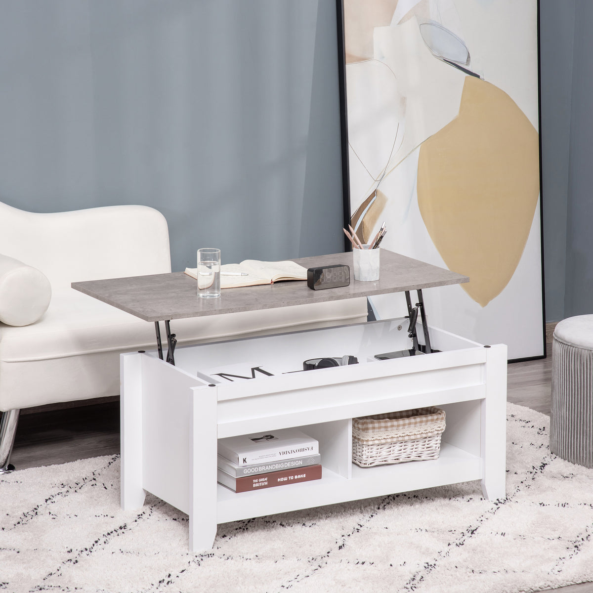 Lift-Top Coffee Table with Hidden Storage and Open Shelves