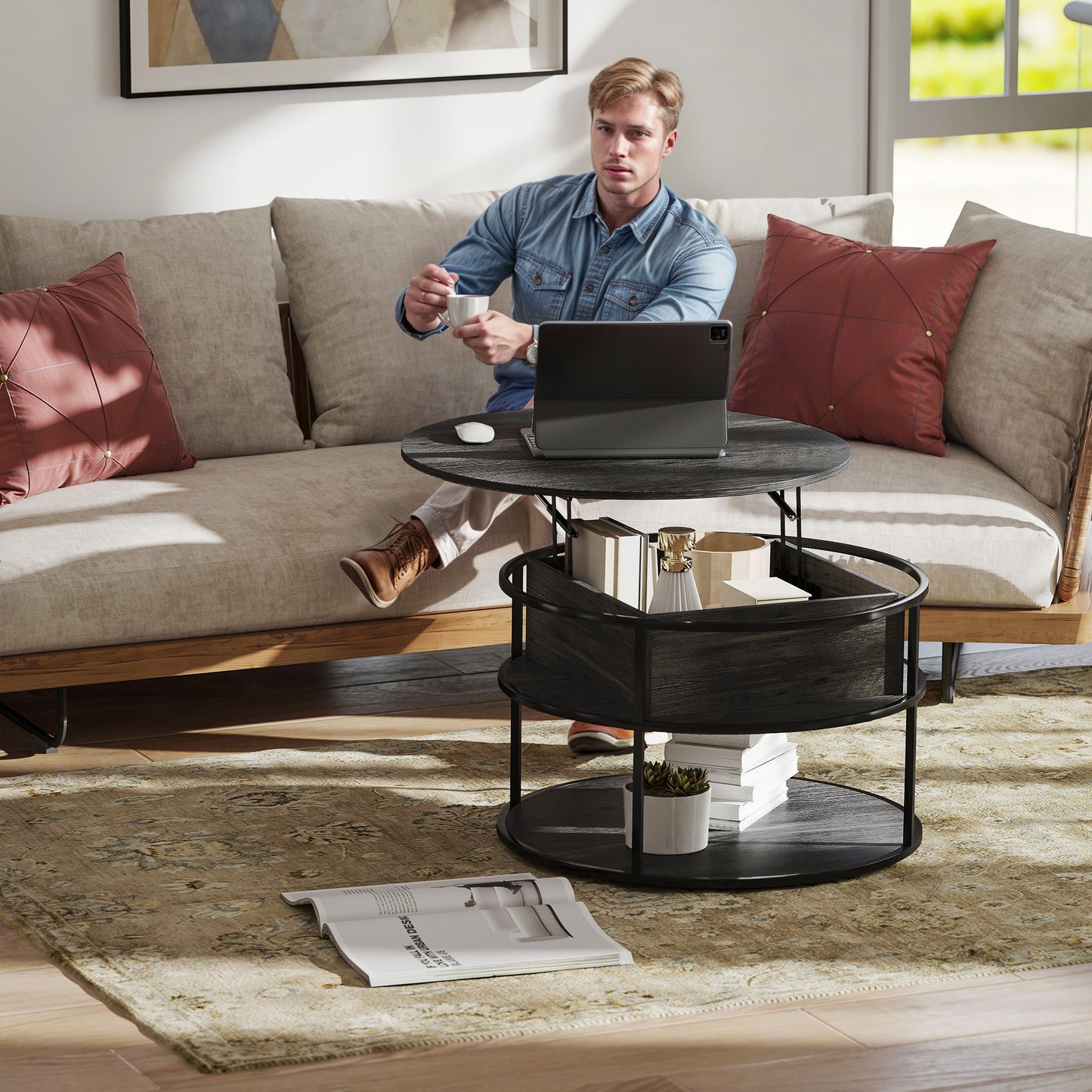 HOMCOM Round Lift Top Coffee Table with Hidden Storage & Steel Frame