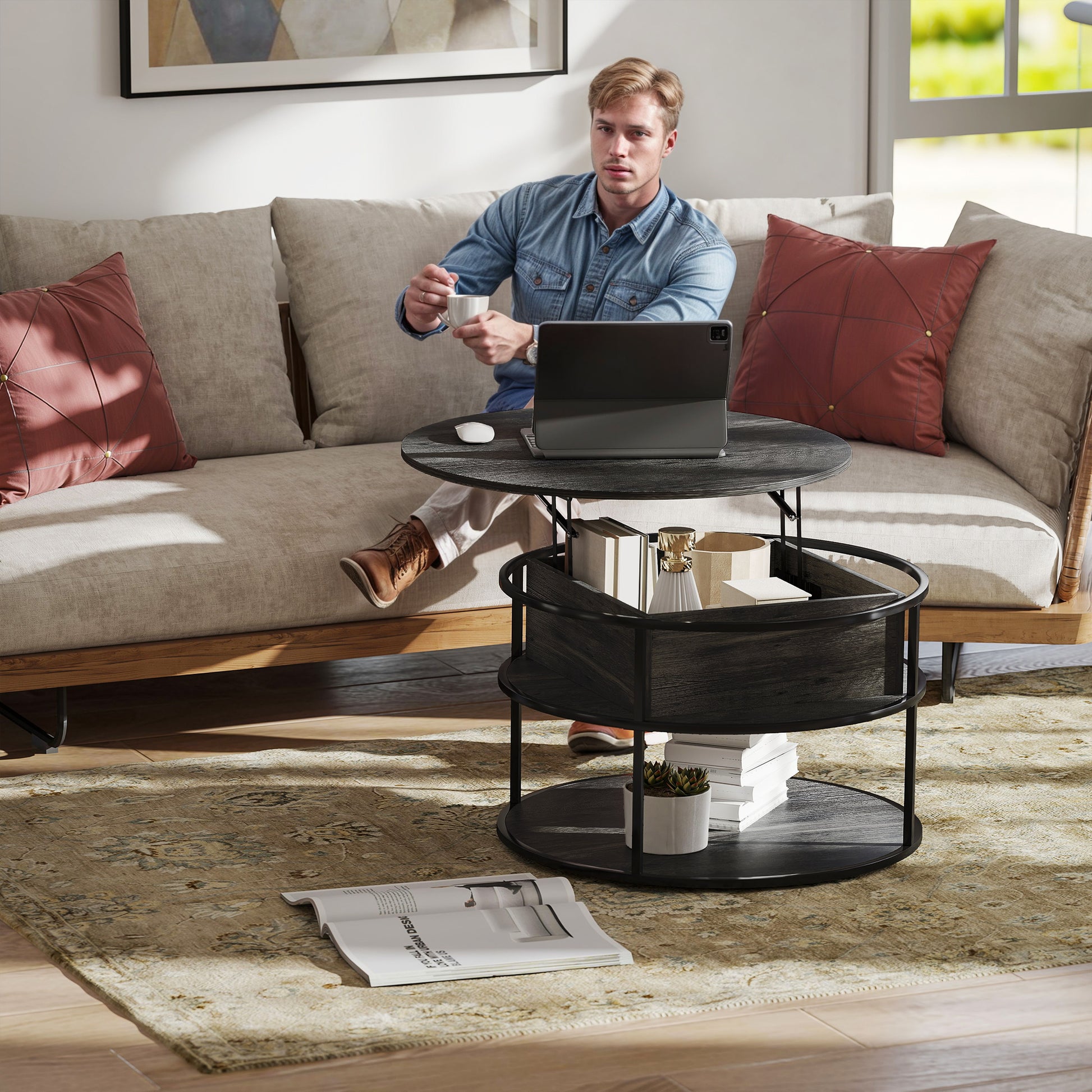 HOMCOM Round Lift Top Coffee Table with Hidden Storage & Steel Frame