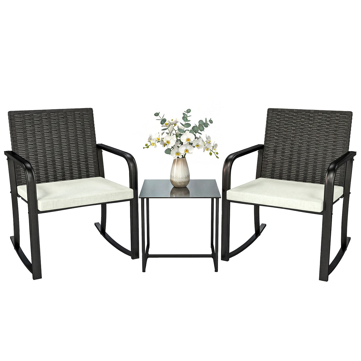 3 Pieces Rocking Bistro Set Outdoor Patio Furniture Set with Cushions, Glass Coffee Table for Balcony – Cream White