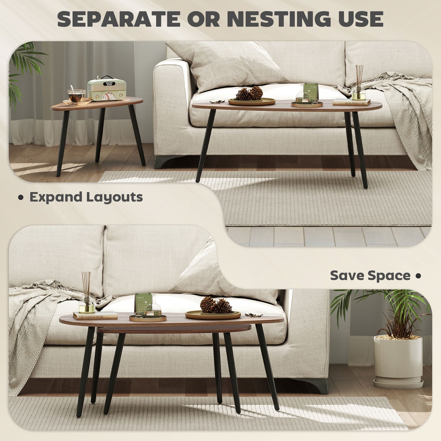 HOMCOM Industrial 2-Piece Nesting Coffee Table Set, Brown Wood-Effect Steel Legs
