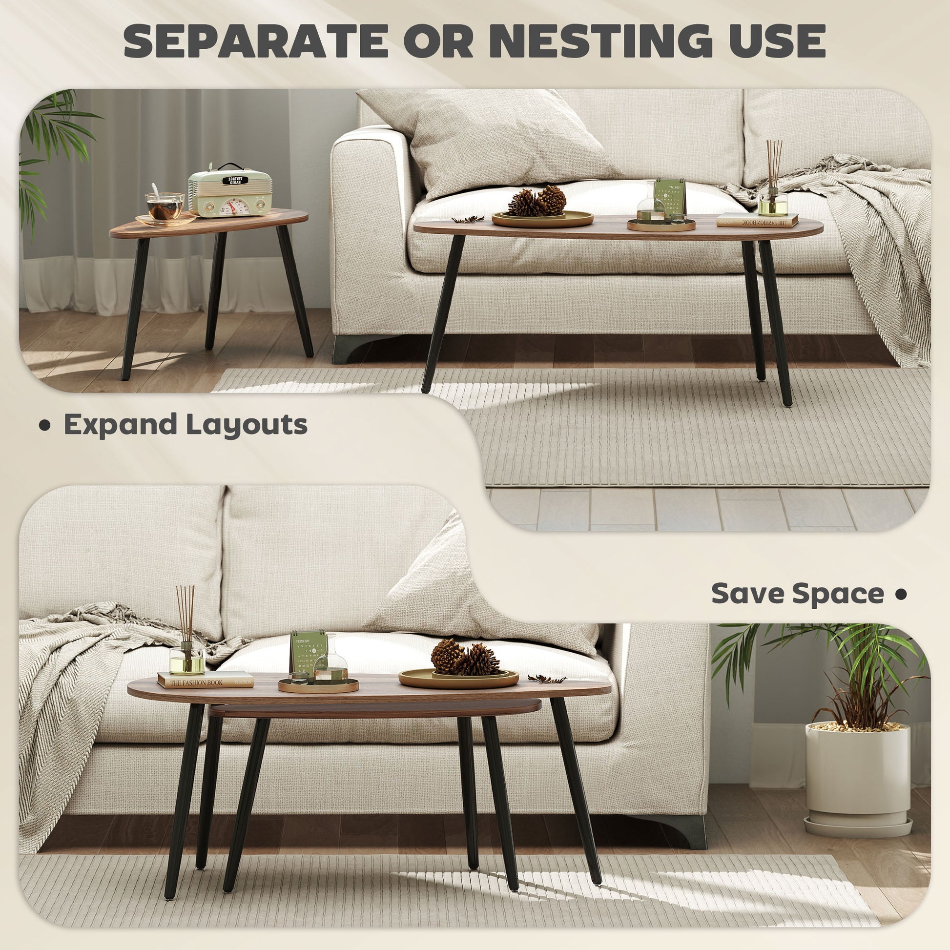HOMCOM Industrial 2-Piece Nesting Coffee Table Set, Brown Wood-Effect Steel Legs