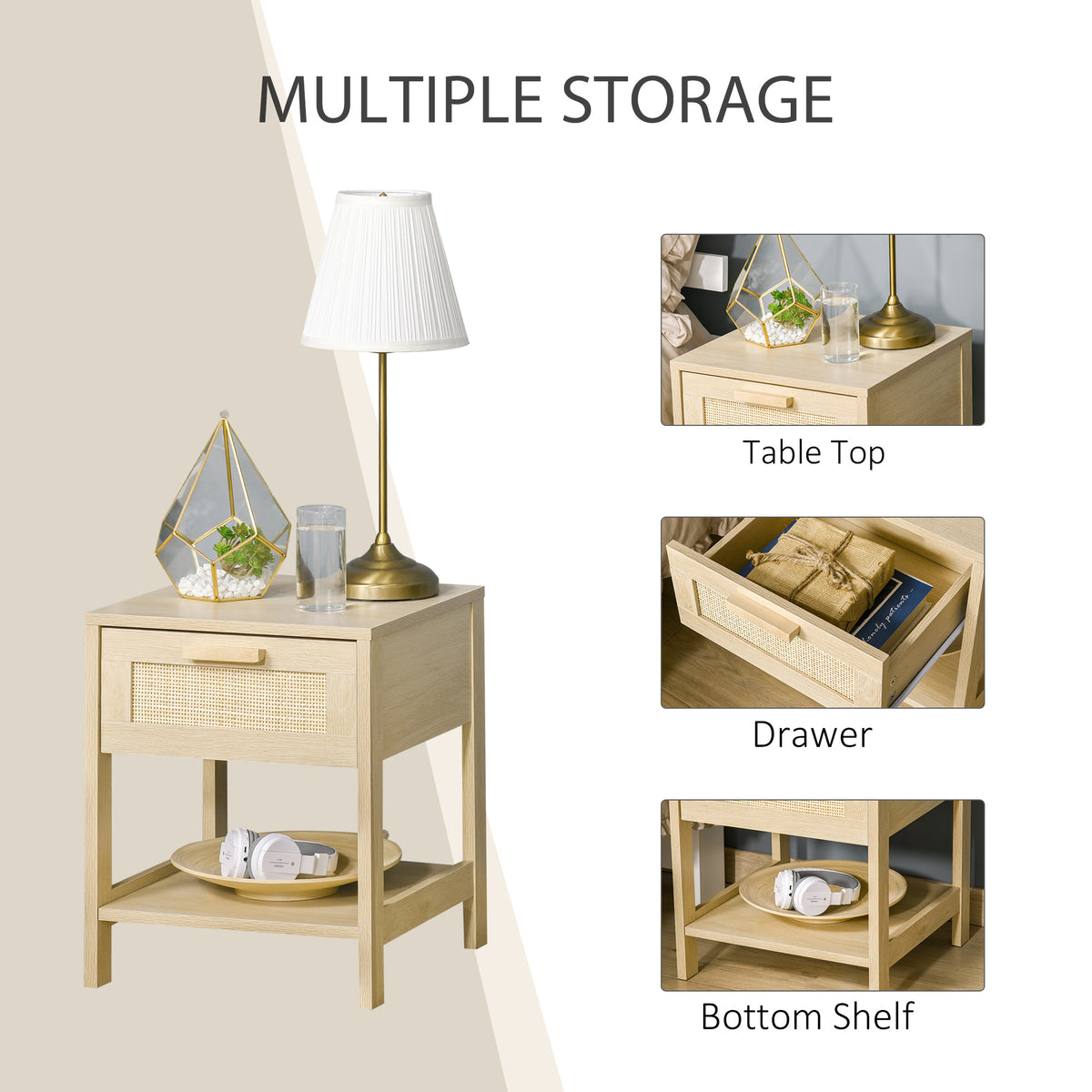 Narrow Rattan Nightstand with Drawer and Shelf – 16"W x 19"H