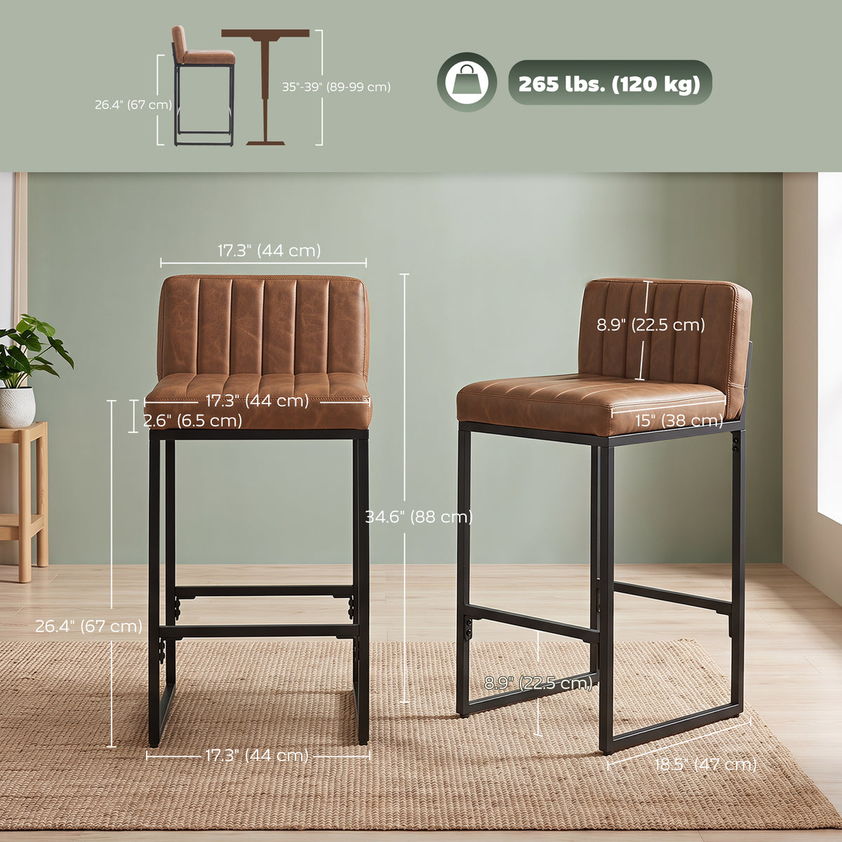 Retro Padded PU Leather Counter Stools with Back and Metal Legs, Set of 2, Brown