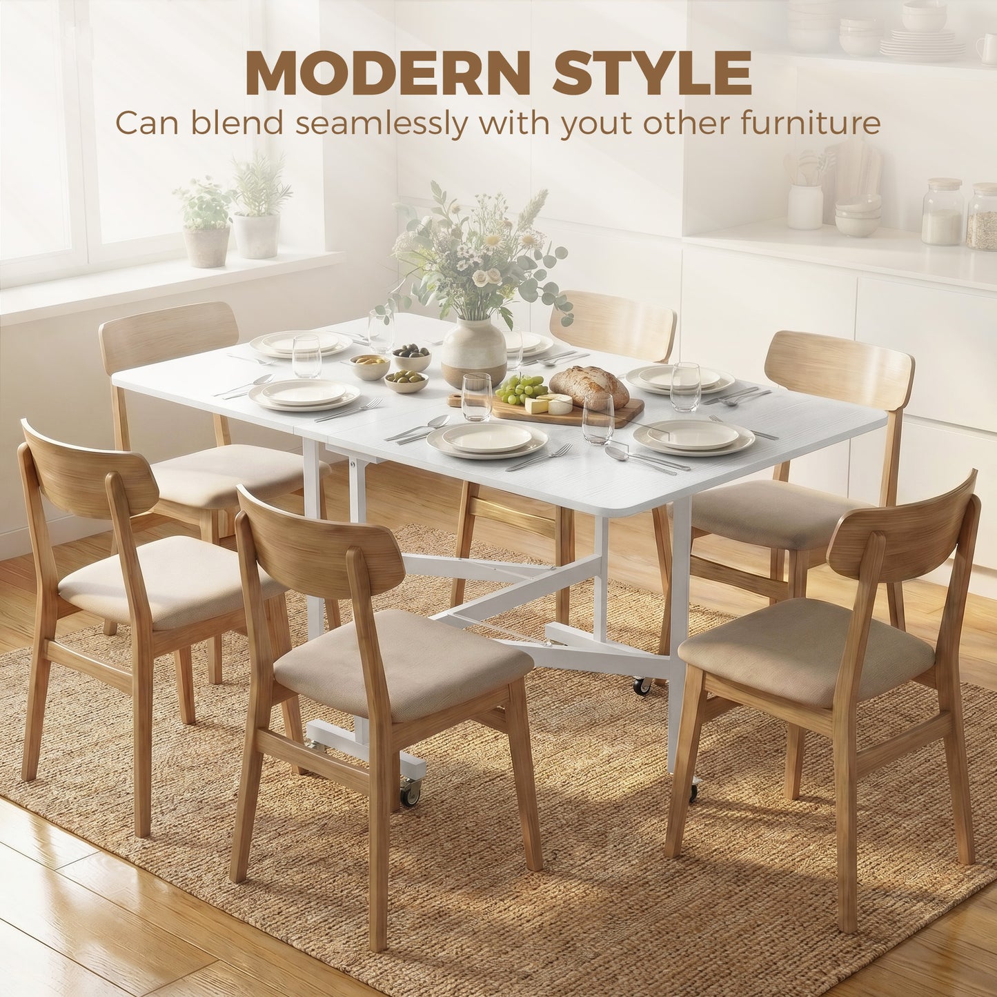 HOMCOM Six-Seater Drop-Leaf Dining Table with Wheels White