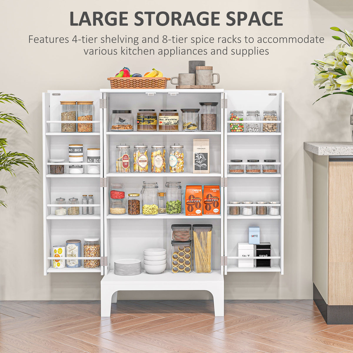 2-Door Kitchen Pantry Cabinet with 4-tier Shelving – 24"W x 44"H