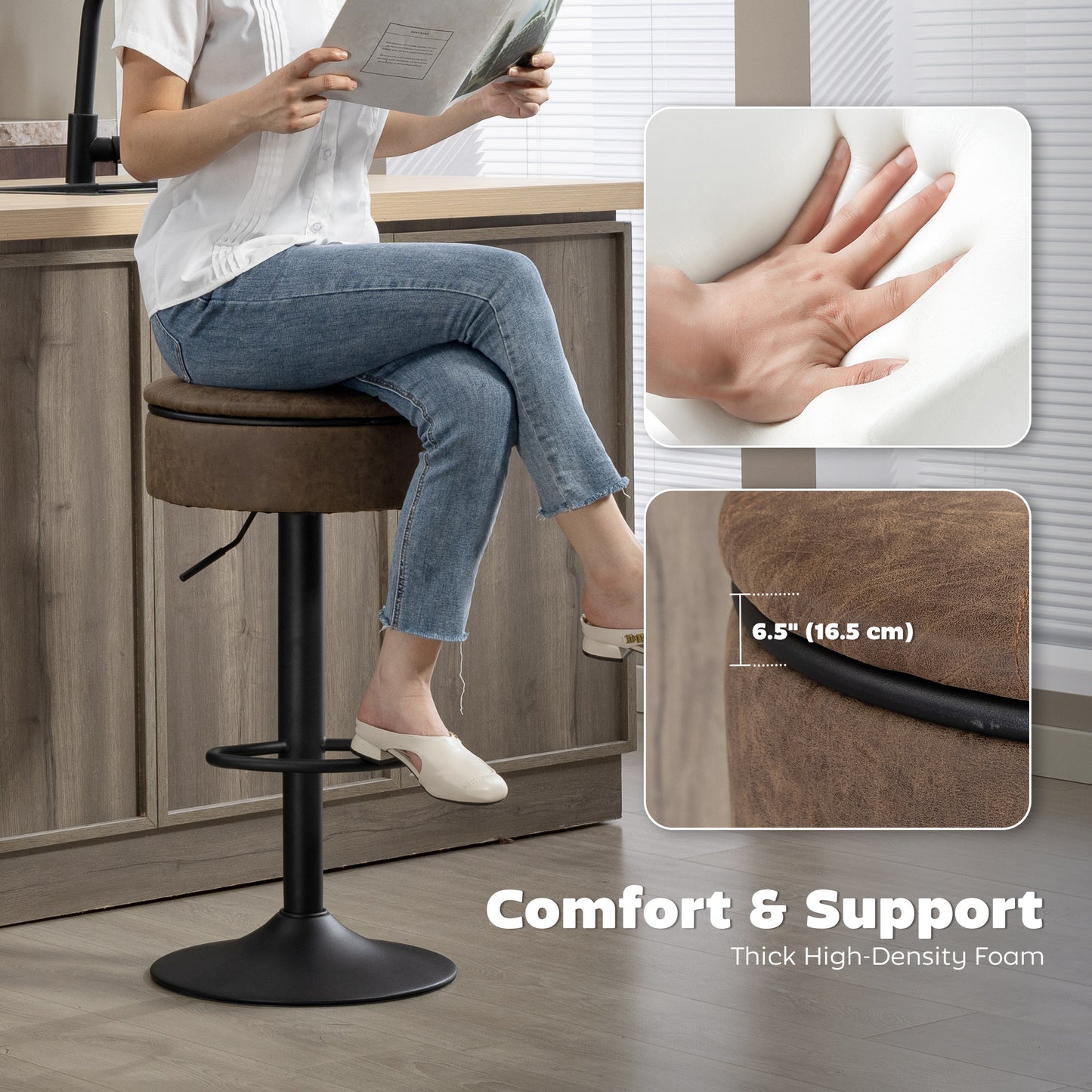 HOMCOM Set of 2 Barstools Swivel Storage Brown