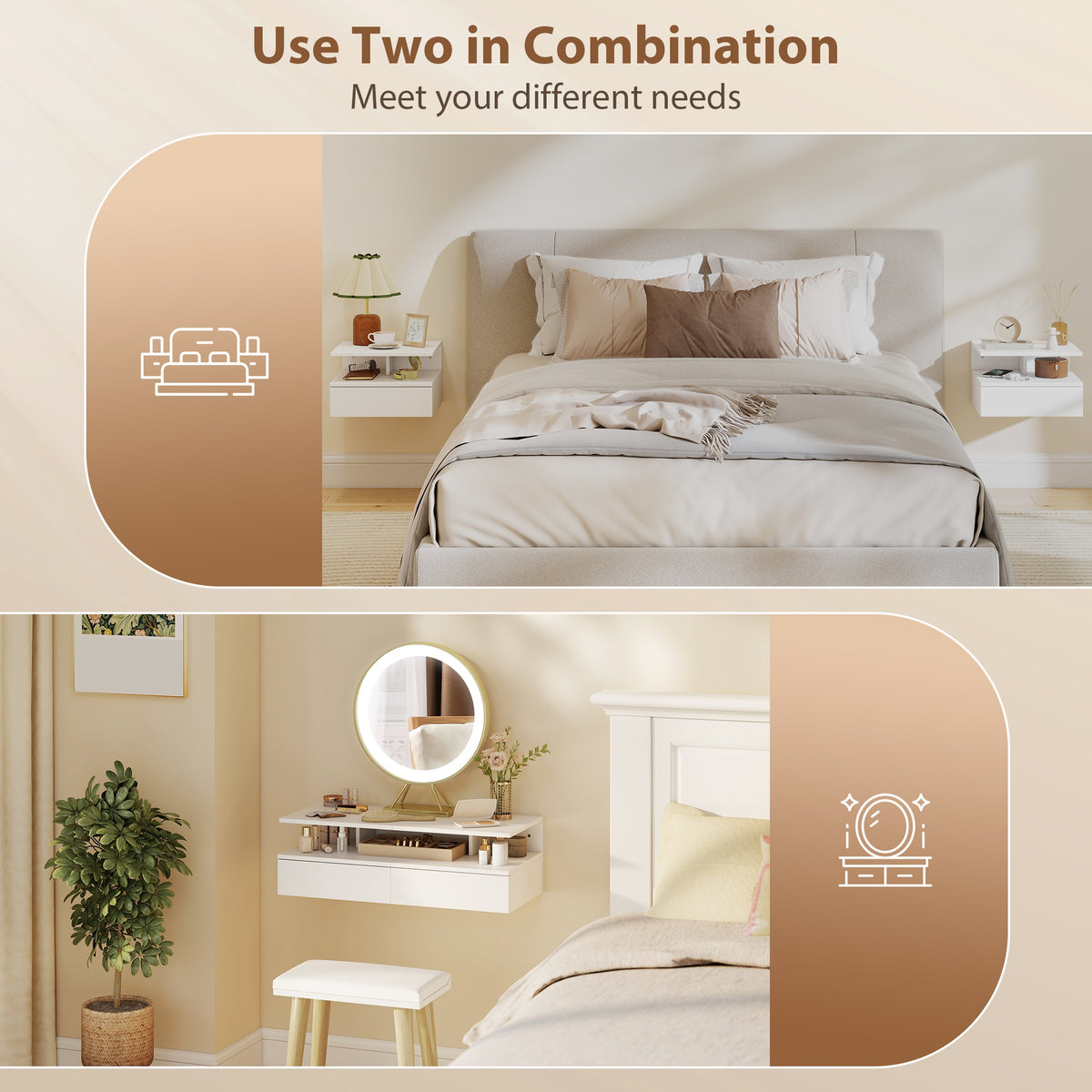 Floating Nightstands with Drawer and Shelf, Set of 2 – 14"W x 9"H