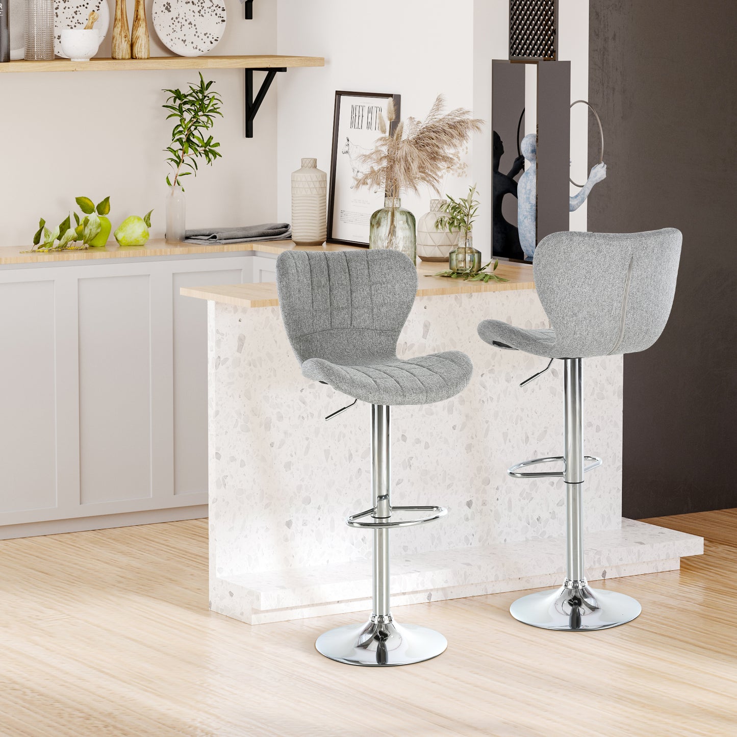 HOMCOM Two Grey Linen Adjustable Swivel Bar Stools with Footrest